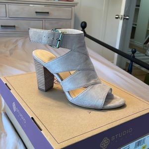 light grey suede sandal heel